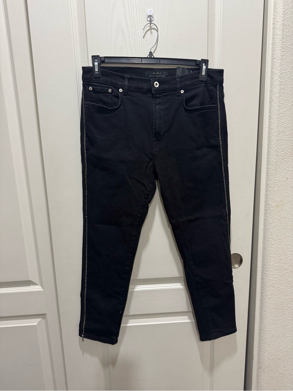 Zara Man Black Jeans Size 34 Chain Rhinestone Side Trim